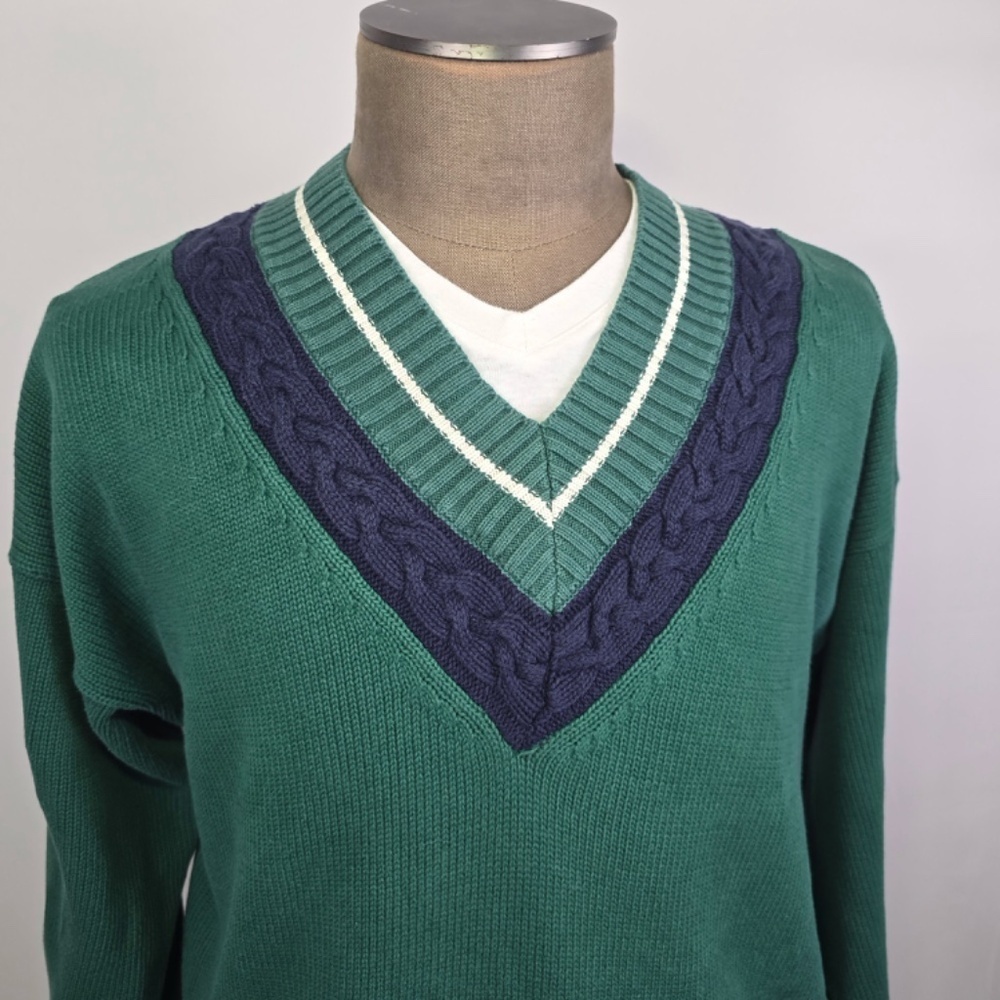 VTG- J. Riggings Men's Green Cable Knit V-Neck Sweater Cricket Preppy Grandpa L - Picture 2 of 8